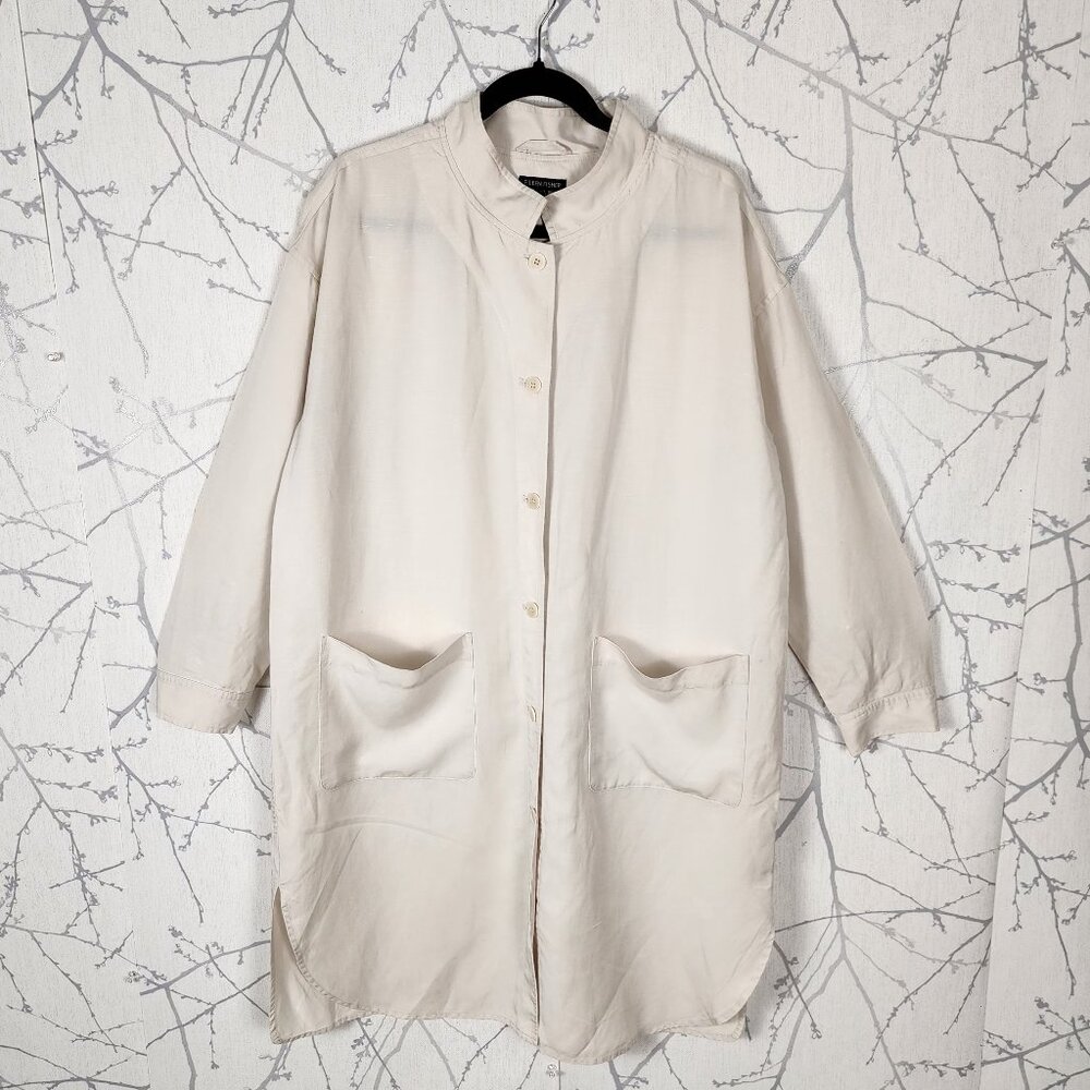 Eileen Fisher Ivory Tencel Linen Mandarin Collar Boyfriend Shirt Dress